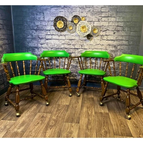 Set Of Four Vintage Faux Leather Wooden Green Apple Chairs On Wheels Cover