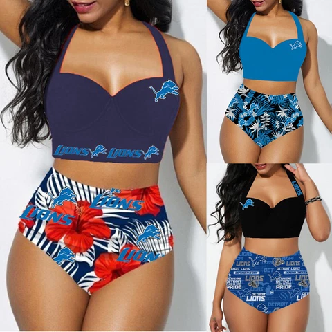 Detroit Lions 2PCS Women's Floral Bikini Butt Lift Swimsuit Bathing Suit Gift Cover