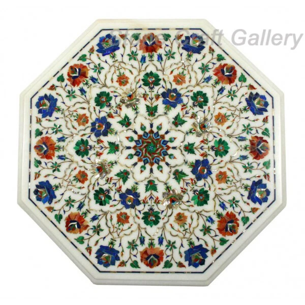 18" Marble Side Table Top Semi Precious Stones Pietradura floral Inlay Handmade - Image 1 of 1