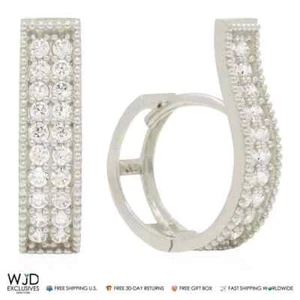 0.80Ct Double-Row CZ Huggie Hoop Earrings 14K White Gold 0.7" - Picture 1 of 5