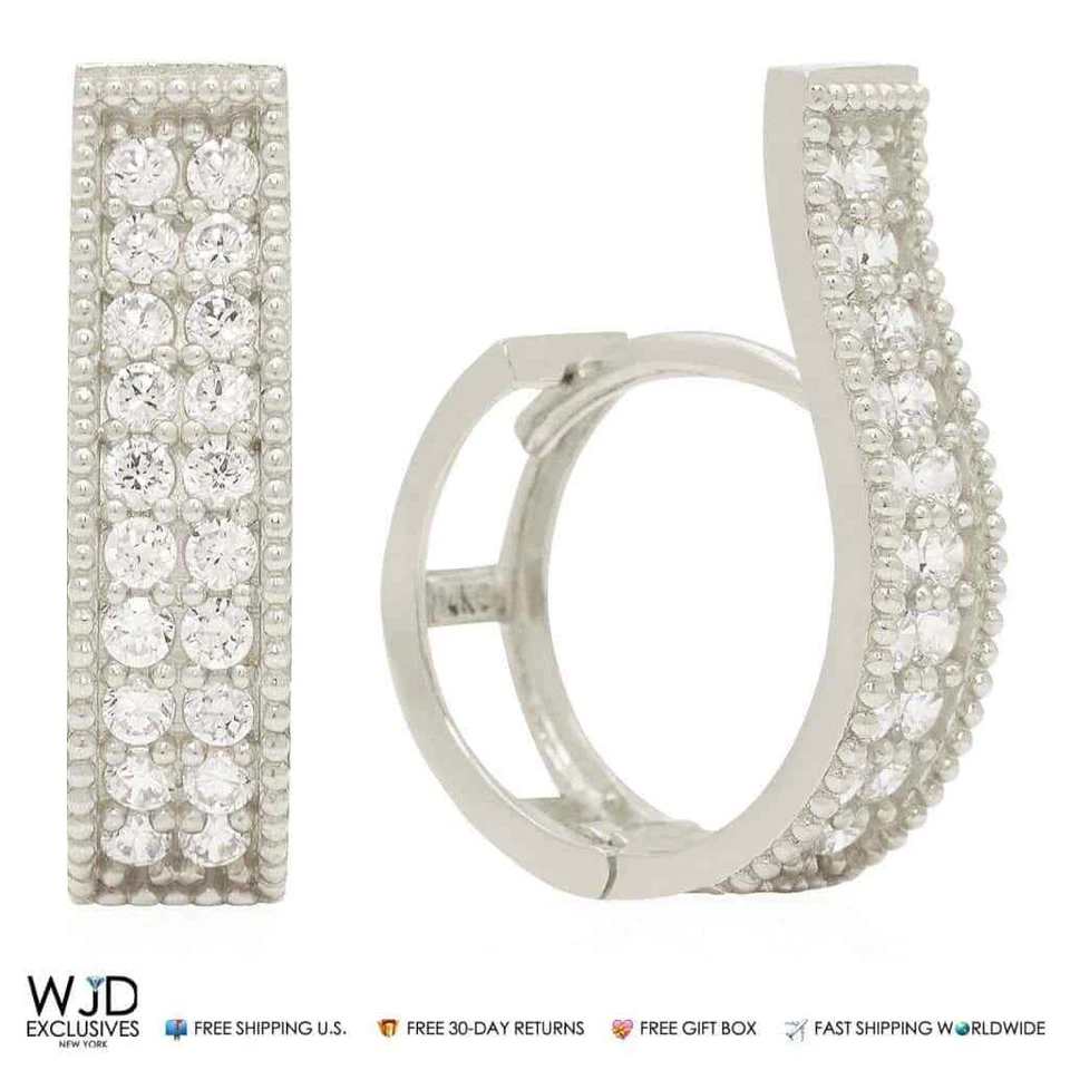 0.80Ct Double-Row Huggie Hoop Earrings 14K White Gold 0.7" - Image 1 of 4