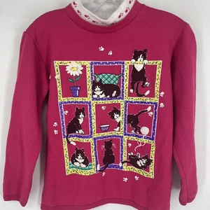 Vintage 90s Cat Kitty Sweater Turtleneck Pink Girls 7/8 Granny Square Art Floral - Picture 1 of 3