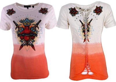 Camiseta feminina Affliction Sacred Oath tatuagem de motociclista - Imagem 1 de 4