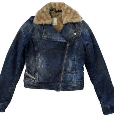 Diesel Denim Jacket Women’s Size XS Faux Fur Lined Motorcycle Style 2010 - Image 1 of 4