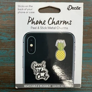 Metalowe charmsy na telefon wielokrotnego użytku IDecoz Ananas i GoodVibes Tylko zdejmowany naklejek - Zdjęcie 1 z 2