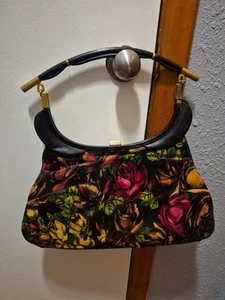 Vintage Rosenfeld Black Leather & Floral Velvet Handbag Gold Hardware GORGEOUS😍 - Picture 1 of 16