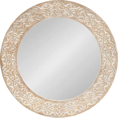 Engrahm Rustic Engraved Wooden round Mirror, 26 Inch Diameter, Rustic Brown and - Image 1 of 4