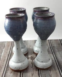 4) Studio Art Pottery Glazed Wine Chalice Goblets 6 Oz Signed Blue Gray Speckled - Picture 1 of 10