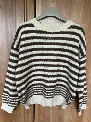 Новый красивый шикарный кашемировой смеси в полоску свитер M | кремовый и коричневый | блестки - Изображение 1 из 4