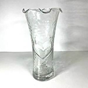 Recycled Clear Glass Vase with Raised Heart Textured with Ruffled Rim 7" - Picture 1 of 5