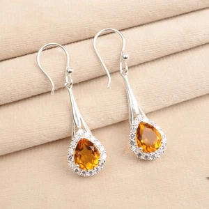 Citrine Gemstone 925 Sterling Silver Zircon jewelry Drop/Dangle Earrings 1.86" - Picture 1 of 10