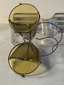 Antique Round Goggle Sunglasses Mesh Sides Yellow Lens Shooting Or Riding - Picture 1 of 17