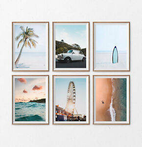 Set of 6 Coastal Beach Palm Tree Surfing Relax View Matching Wall Art Print.