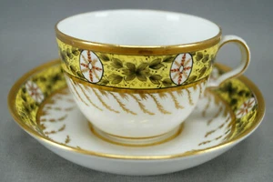 Spode Rot & Gold Medaillons Grün Blätter Gelb Teetasse & Untertasse C1800-1815 C - Bild 1 von 12
