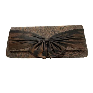 Coppery Brown Satin Brocade Clutch Purse with Bow Convertible Evening Bag Chic - Picture 1 of 11