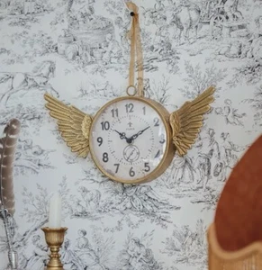 Whimsical Glass Clock With Gold Wings, Battery Operated, Hangs On Wall - Picture 1 of 2