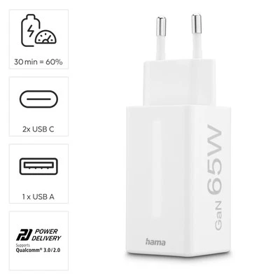 Hama Handy Ladegerät Schnellladegerät 2x USB-C 1x USB-A 65W PD Netzteil Adapter  - Bild 1 von 4