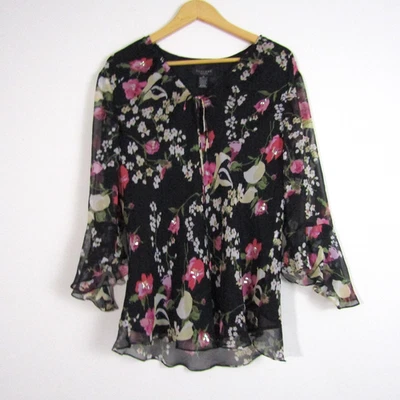 Top Silkland 1X Negro Floral Seda Transparente Hada Lentejuelas De Colección Whimsygoth Y2K Foto 1 de 4