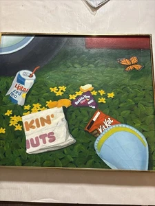 Dipinto olio su tela vintage anni 90 Boston Park picnic FHD Dunkin Donuts realistico - Foto 1 di 3