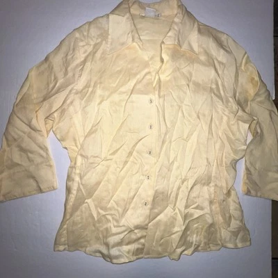 David N Blusa Mujer Grande Lino Amarillo Manga Larga Botón Cuello en V Cuello Foto 1 de 4