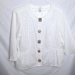 Giacca Chico's bianca con occhielli Peplum Snap Artsy Coastal Grandma taglia 3 (XL) - Foto 1 di 8