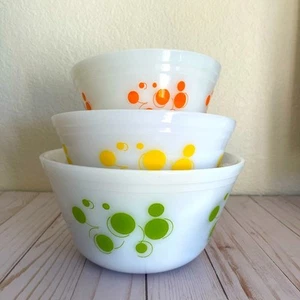 Vintage Federal Glas Rührschüsseln 3er Set Atomic Dots verschachtelt Milchglas - Bild 1 von 15