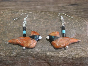 Hand Carved Apple Coral Cardinal Fetish Earrings by Matt Mitchell - Picture 1 of 4