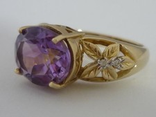 Stunning Large & Unusual Amethyst & Diamond 9K Gold Ring Size O