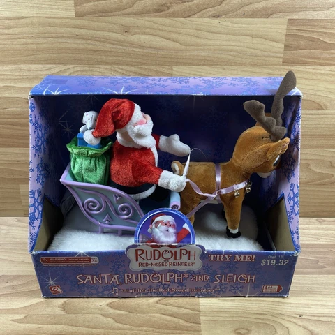 Gemmy Rudolph The Red Nosed Reindeer Santa and Sleigh Christmas Animated In Box Cover