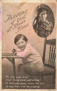 Postcard Little Boy Thinking about his Dad Overseas WW1 at Christmas - Picture 1 of 2