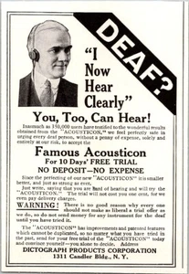 AUDÍFONO IMPRESO 1920 Dictograph Acousticon prueba gratuita sordo PEQUEÑO 3 x 4 - Imagen 1 de 3