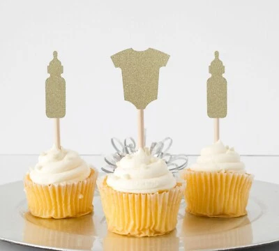Topper para cupcakes biberones para baby shower, juego de 12 revelación de género Foto 1 de 2