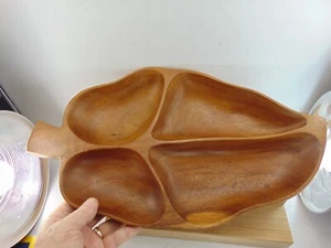 Vintage Wood HAND MADE Mid Century Leaf Divided Dish Tray 4 Section Large - Picture 1 of 5