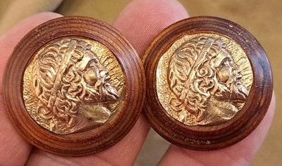 Vintage Neoclassical GREEK ROMAN Figural HEAD Cufflinks Copper Tone Wood RETRO - Image 1 of 4