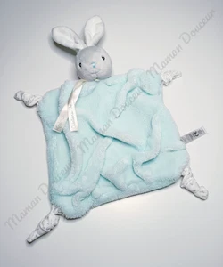 Doudou Plat Lapin Gris Bleu Aqua Plume Tendres Et Douces Attache Tétine  - Kaloo - Picture 1 of 3
