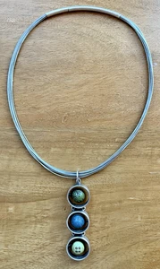 Handcrafted Artisan Sterling Silver Wire Choker 3-Station Drop Pendant Signed - Imagen 1 de 6