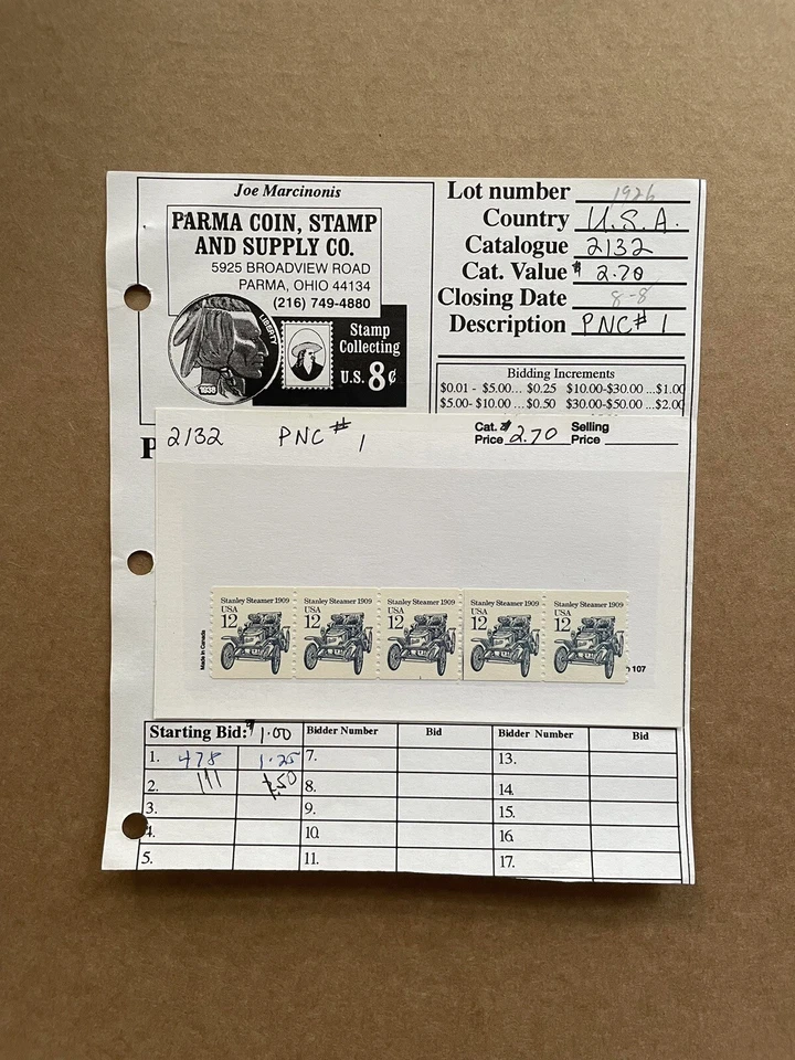US Transportation PNC MNH #2132=PNC#1 +Old Dealer Auction Sheets - Image 1 of 1