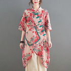 Ethnic Lady Floral Long Shirt Blouse Top Irregular Big Pocket Loose Casual Retro