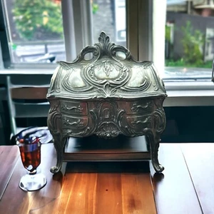 Antique Art Nouveau Ornate Repoussé Victorian Jewelry Casket Red Velvet Lined - Picture 1 of 11