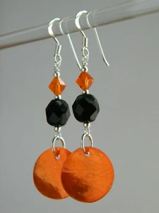 Metallic Orange MoP Shell Discs, French Jet, Crystal & Sterling Silver Earrings - Picture 1 of 14