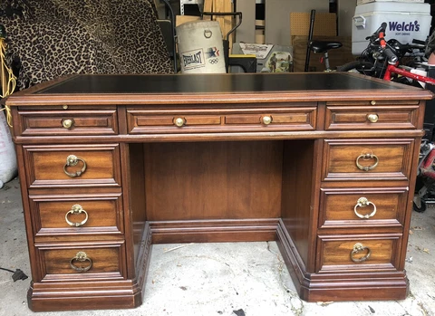 19th Century English Antique Executive Partners Desk, Leather Top Cover