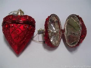2 NWT 3.5" RED Scroll Glitter Mercury GLASS Hinged HEART Box CHRISTMAS Ornaments - Picture 1 of 1
