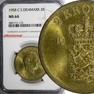 Denmark Frederik IX Aluminum-Bronze 1958 C S  2 Kroner NGC MS64 KM# 838.2 (172) - Picture 1 of 4