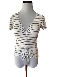 Womans Small V Neck White Black Stripe Gathered Long Sleeve Ribbed Ruched Shirt