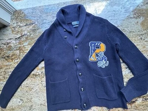 Ralph Lauren Navy Shawl Neck Varsity Cardigan Chenille Tiger P-Wing Patch - Picture 1 of 11