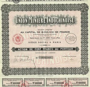 INDOCHINA MINING UNION certificados de stock 1928 - Imagen 1 de 1
