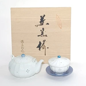 Japanese Kyusu Teapot & 5 Yunomi Teacups Set Used Vintage Pottery Blue White - Picture 1 of 8