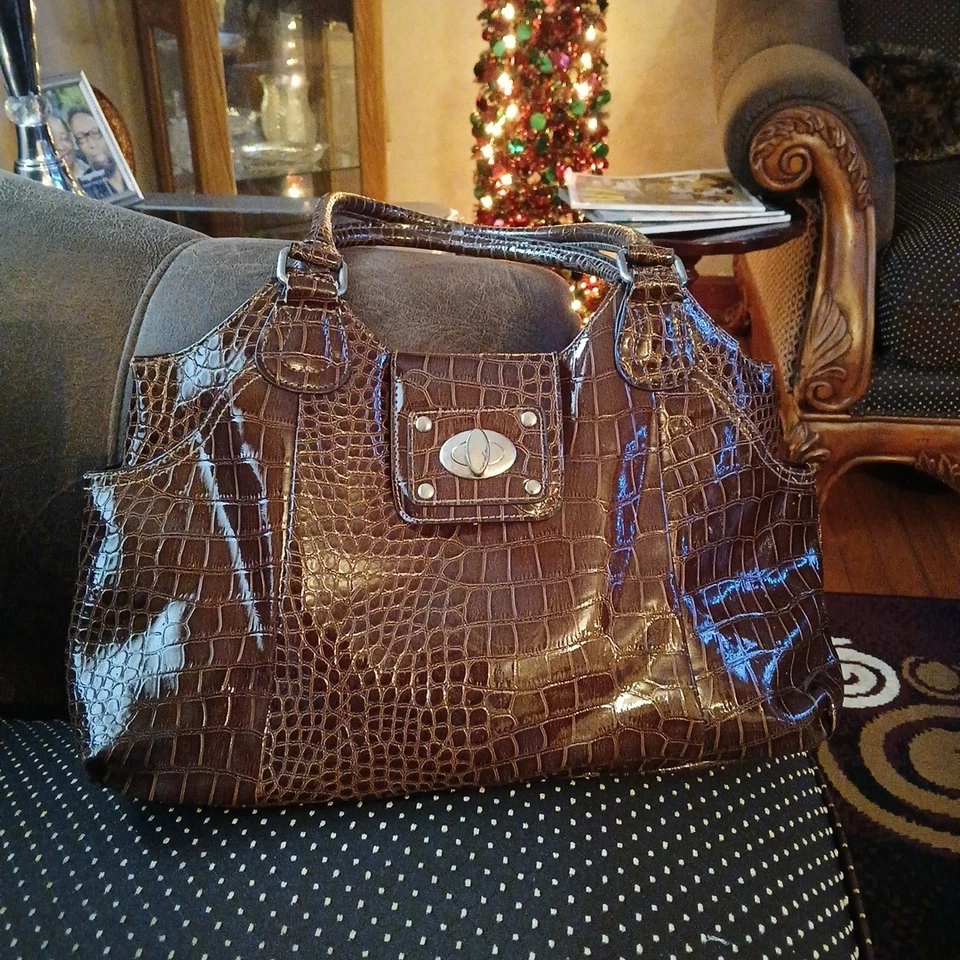 Brown Faux Alligator Croc Handbag - Image 1 of 4