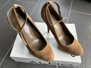 Aldo beige Camel Colour Suede Court Shoes size 4 Ankle Strap NEW - Picture 1 of 12