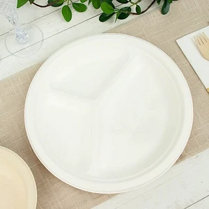 50 Round 10" WHITE 3-Compartment Sustainable Bagasse DINNER PLATES Party Events - Picture 1 of 8